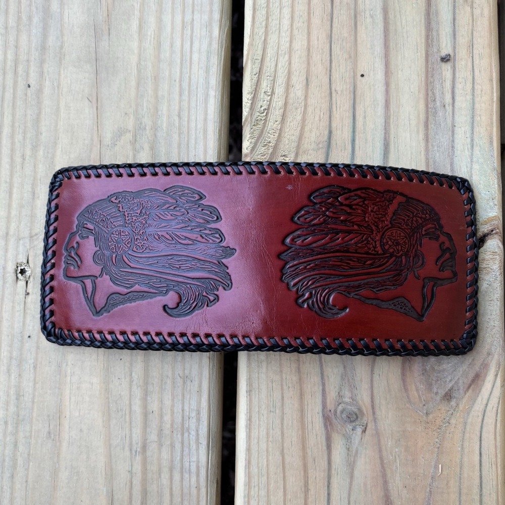 Vintage Leather Wallet Hand Tooled Bifold Whipstitch Indian USA Made Brown